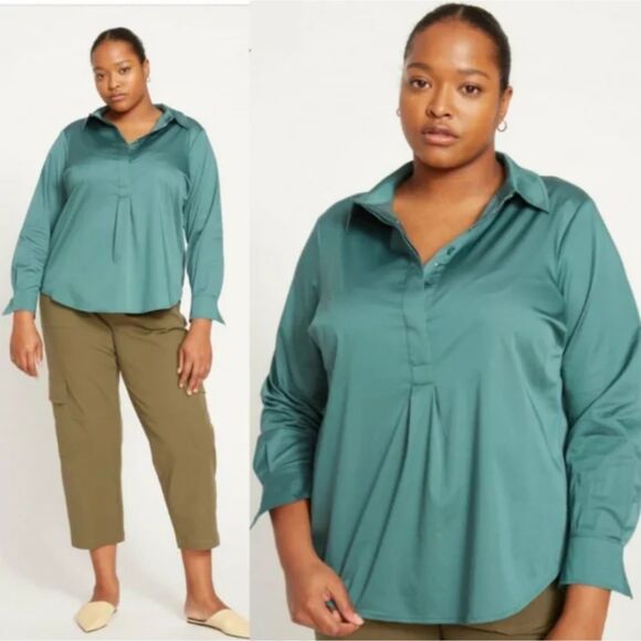 Universal Standard Elbe Popover Poplin Half Placket Shirt - Green M/18-20 - Picture 1 of 7